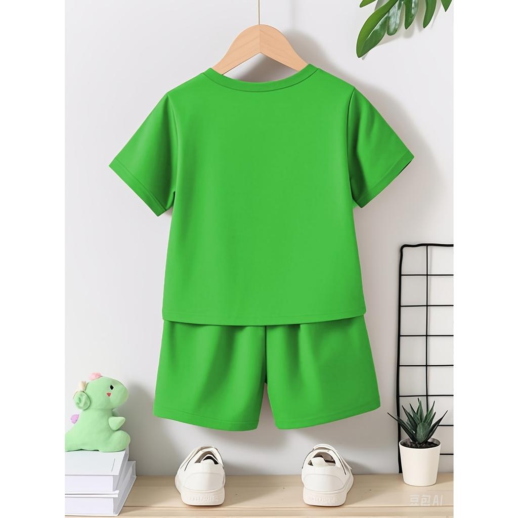 Boys' Spring and Autumn Set with Stylish Dinosaur Print Round Neck Short Sleeve T-Shirt and Shorts Casual