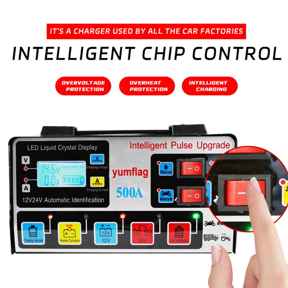 500A Battery High Power Fast Charger 12V/24V Car Battery Charger LCD Display Car and Motorcycle Battery Charging Unit