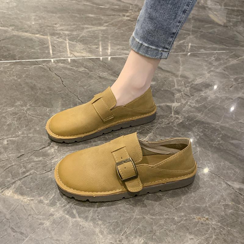 Fashion New Style Luxury Leather Women Shoes Spring Retro Round Head Casual Flat Rubber Bottom Belt Buckle Women's Single Shoes
