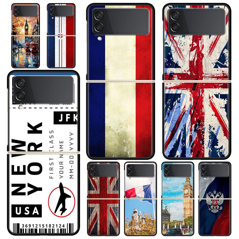 Phone Case for Samsung Galaxy Z Flip 3 4 5 6 Folding Black Shell National Flag RU FR UK For Samsung Z Flip4 Flip5 PC Hard Cover