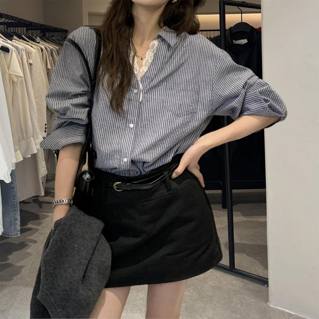Korean Style V-Neck Lace Patchwork Blouse for Women - Autumn Edition