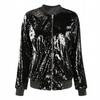 Women's Autumn Shiny Sequin Jacket Long Sleeve Front Zip Loose Coat Ribbed Cuffs Elegant Glitter Outerwear