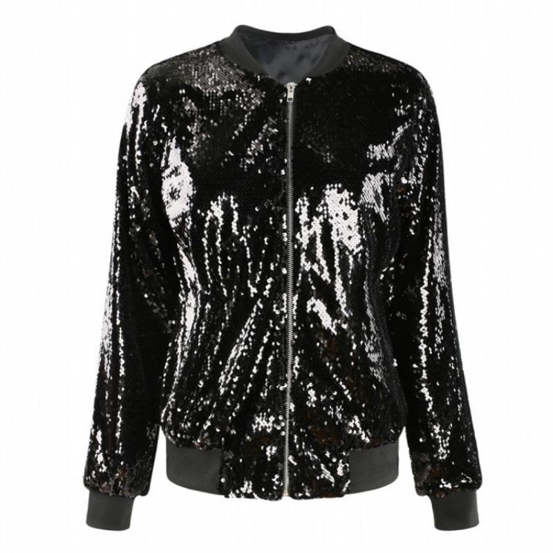 Women's Autumn Shiny Sequin Jacket Long Sleeve Front Zip Loose Coat Ribbed Cuffs Elegant Glitter Outerwear