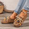 Fashion Women's Slip-On Loafers Soft Bottom Suede Leather Ethnic Style Flats Beaded Lace Up Casual Comfortable Footwear Autumn Shoes