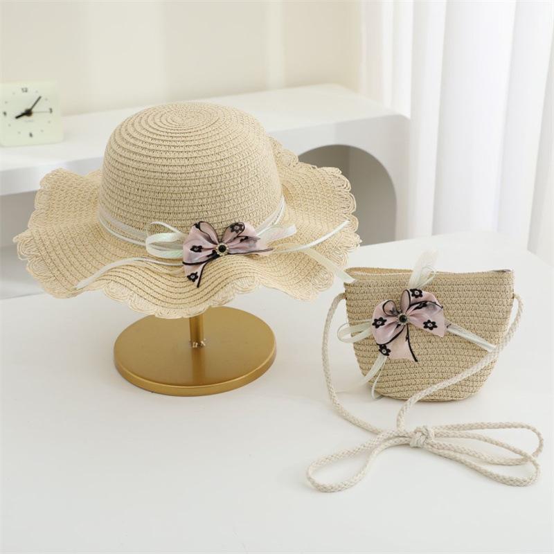 Newest holiday child girl straw hat and bag 2pcs a set floral sun hat baby beach Floppy Panama casquette gorros shoulder bags