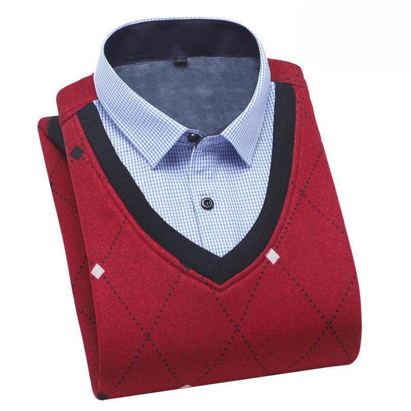 Autumn and Winter Velvet Thickened Fake Two Men's Long-sleeved Shirt Collar Pullover Sweater Casual Warm Knitted Sweater