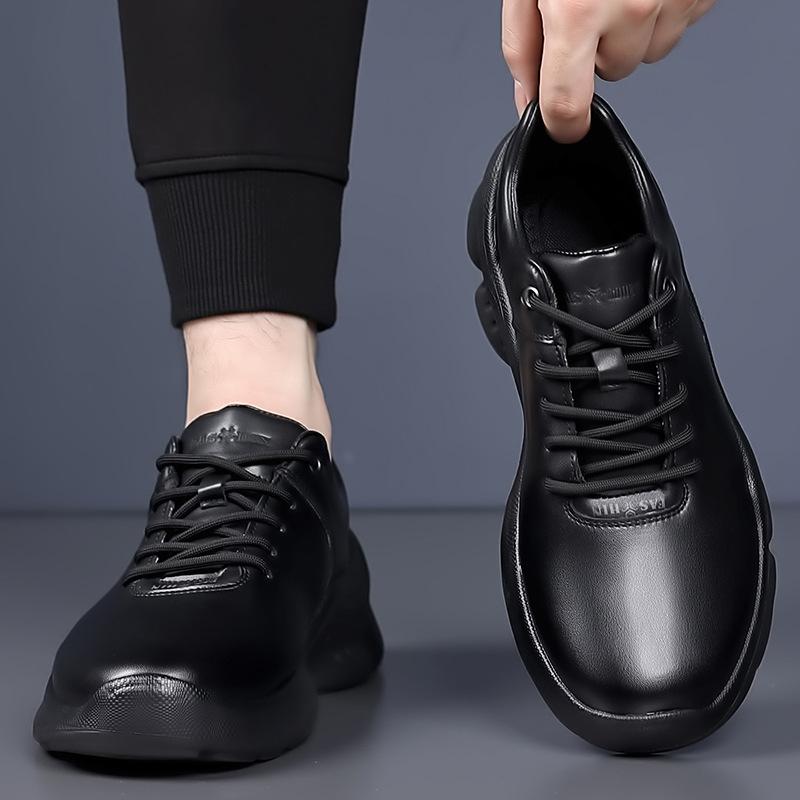 New winter leather sneakers business casual leather shoes all black official shoes light commute
