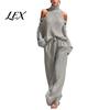 Cold Shoulder Knit Sweater Autumn Women Pants Set, & Wide Leg Breathable Spring Casual Wear Pants, Solid Color Long Sleeves Top Trousers Two