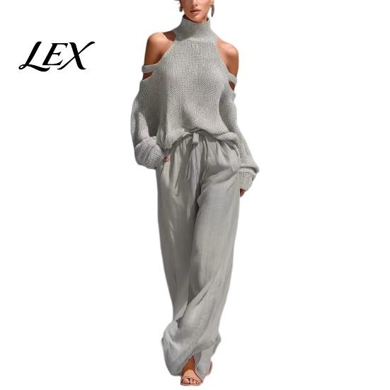Cold Shoulder Knit Sweater Autumn Women Pants Set, & Wide Leg Breathable Spring Casual Wear Pants, Solid Color Long Sleeves Top Trousers Two