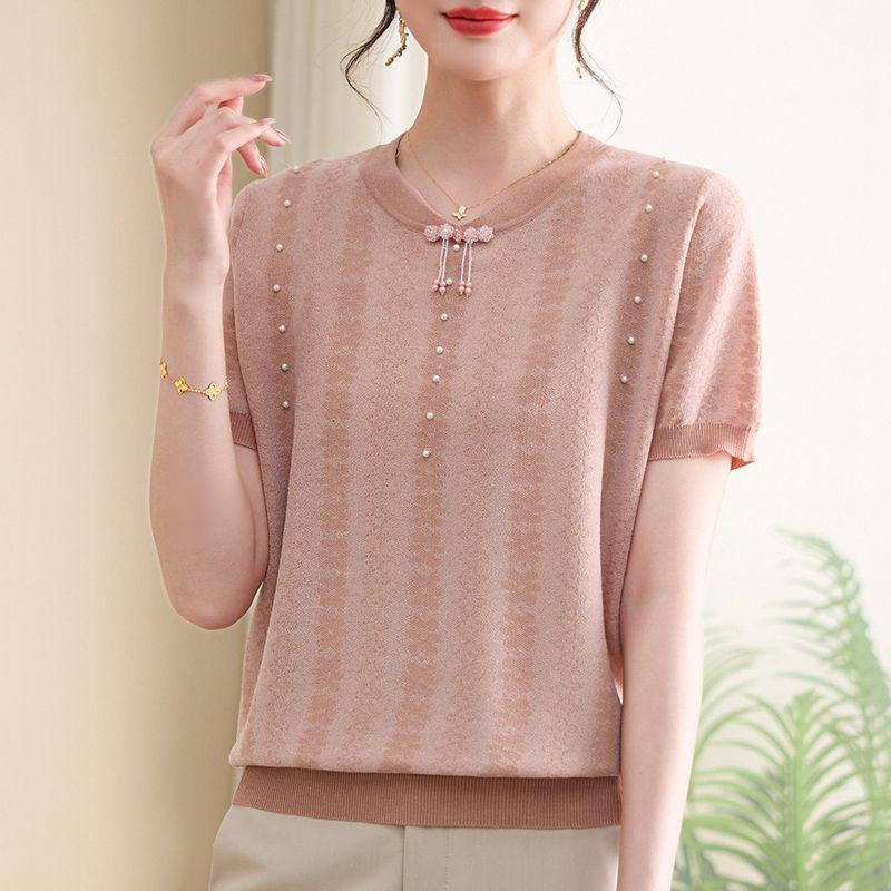 Schickes Sommer-Eis-Seiden-Qipao-Kragen Kurzarm Zweiteiler für mittelalte und ältere Frauen - Strick-T-Shirt-Oberteil in Übergröße