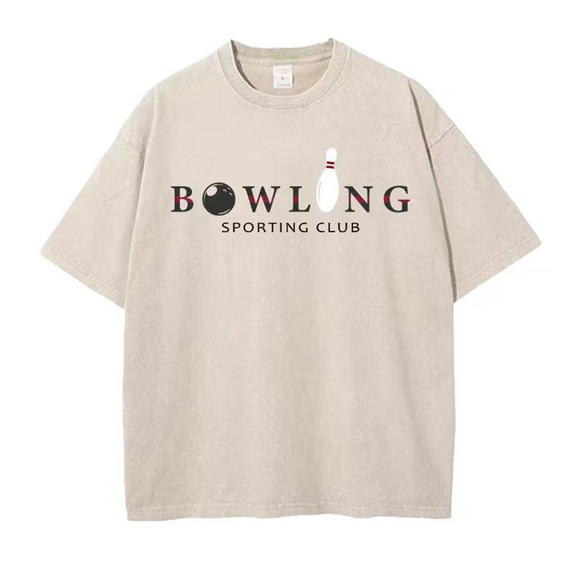 Unisexs  Summer Washed Vintage Short Sleeve g  Pure Cotton LooseFitting Bowling Pattern TShirt
