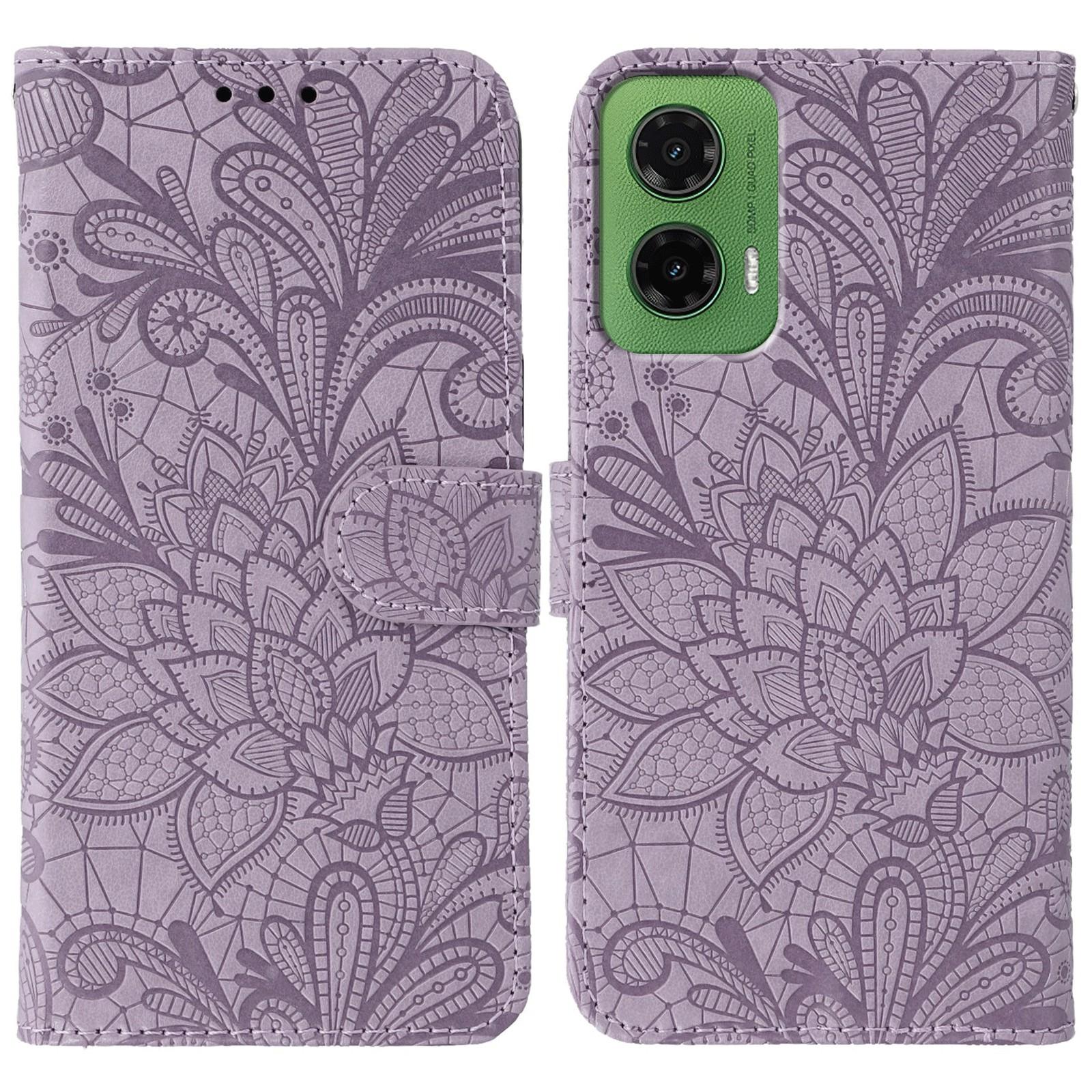 

For Motorola Moto G35 5G Case Lace Flowers PU Leather Flip Wallet Phone Cover Purple