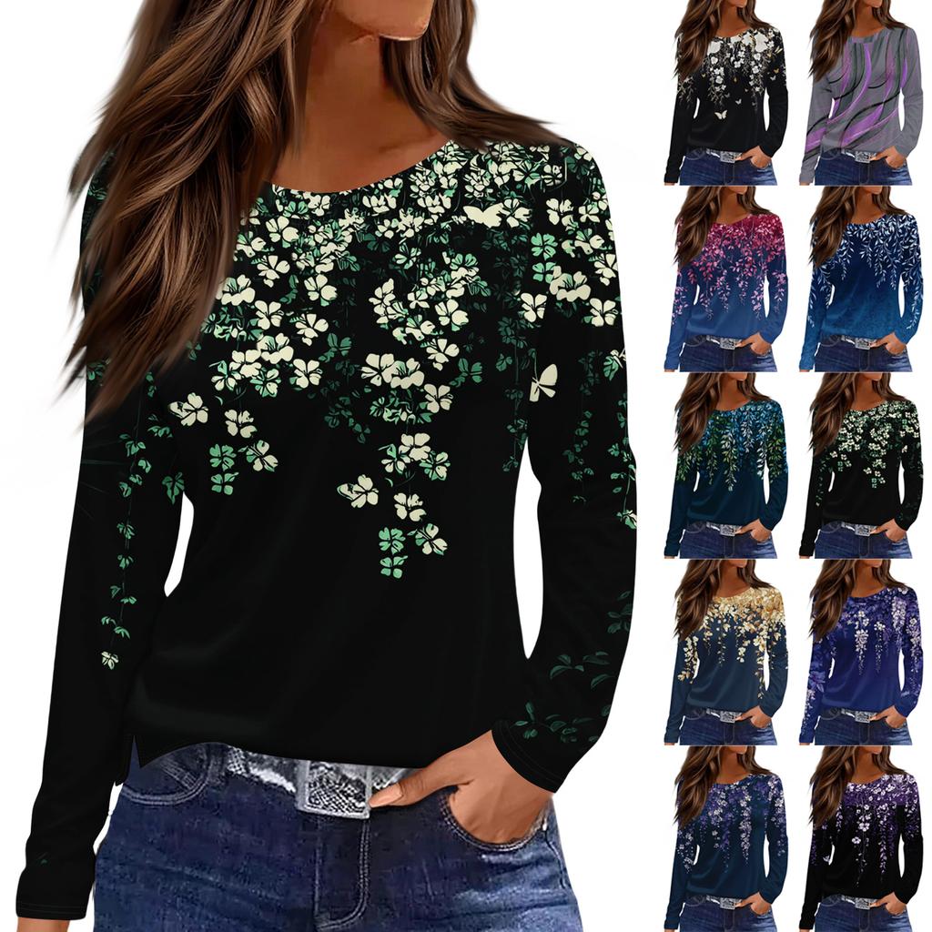 Women's Fashion Casual Slit Hem Round Neck Long Sleeve Loose Printed T-Shirt Ladies Top Christmas