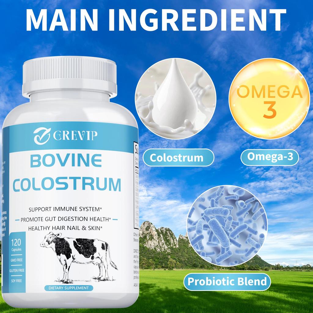 Bovine colostrum dietary capsules, high purity, immunoglobulins, boosts immunity, suitable for adults.