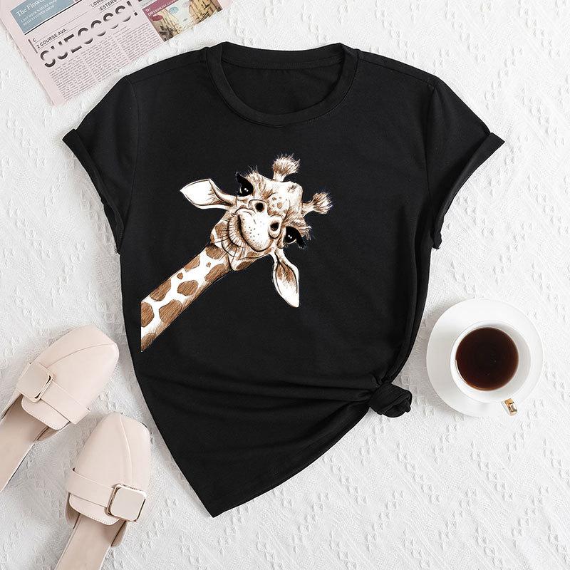 Summer Women's Plus Size Giraffe Print Loose Round Neck Casual Pure Cotton Short Sleeved T-shirts Women's
