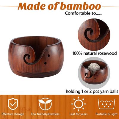 Wooden Yarn Bowl,Wood Yarn Storage Bowl With 12Pcs Bamboo Crochet Hooks For Crocheting Knitting DIY Crafts Tools