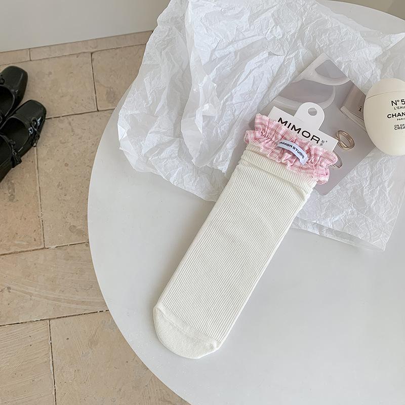 Women's Spring and Summer Thin Plaid Lace Creative Fashion Cloth Label Sweat Absorbent Boneless Tube Pile Socks