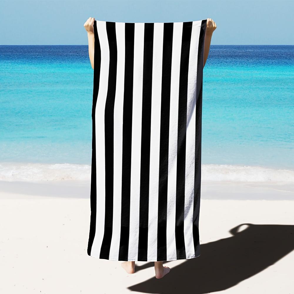 Fun Black and White Striped Beach Towel, Modern Graphic Art Quick-Dry Sand-Free Microfiber Bath Towel for Picnic and Camping