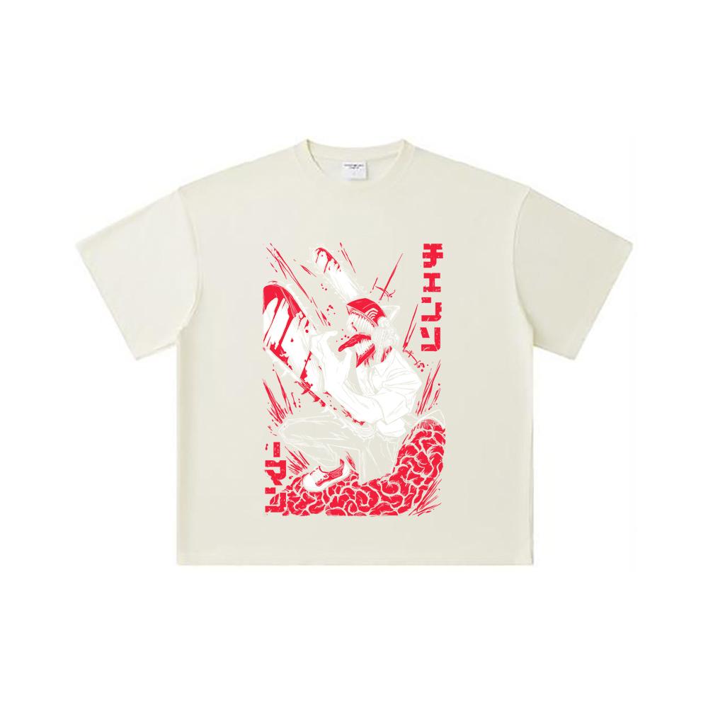 260 GSM Double Yarn 32 Count 100% Cotton Chainsaw Man V28 Denji Print Unisex Heavy Cotton T Shirt