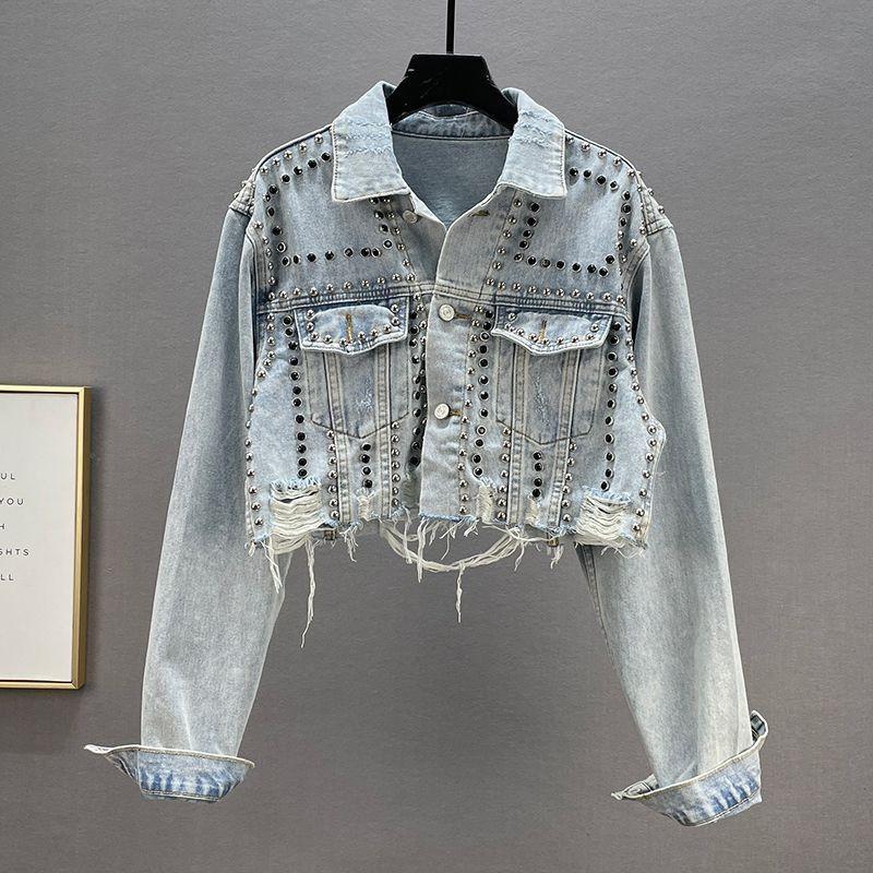 Womens Distressed Denim Jacket With Rivets