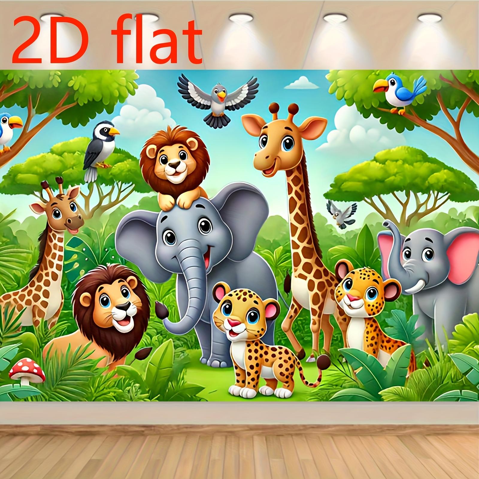 2D planar jungle wildlife background fabric, featuring patterns of giraffes, elephants and lions, made of polyester fiber 130x150cm
