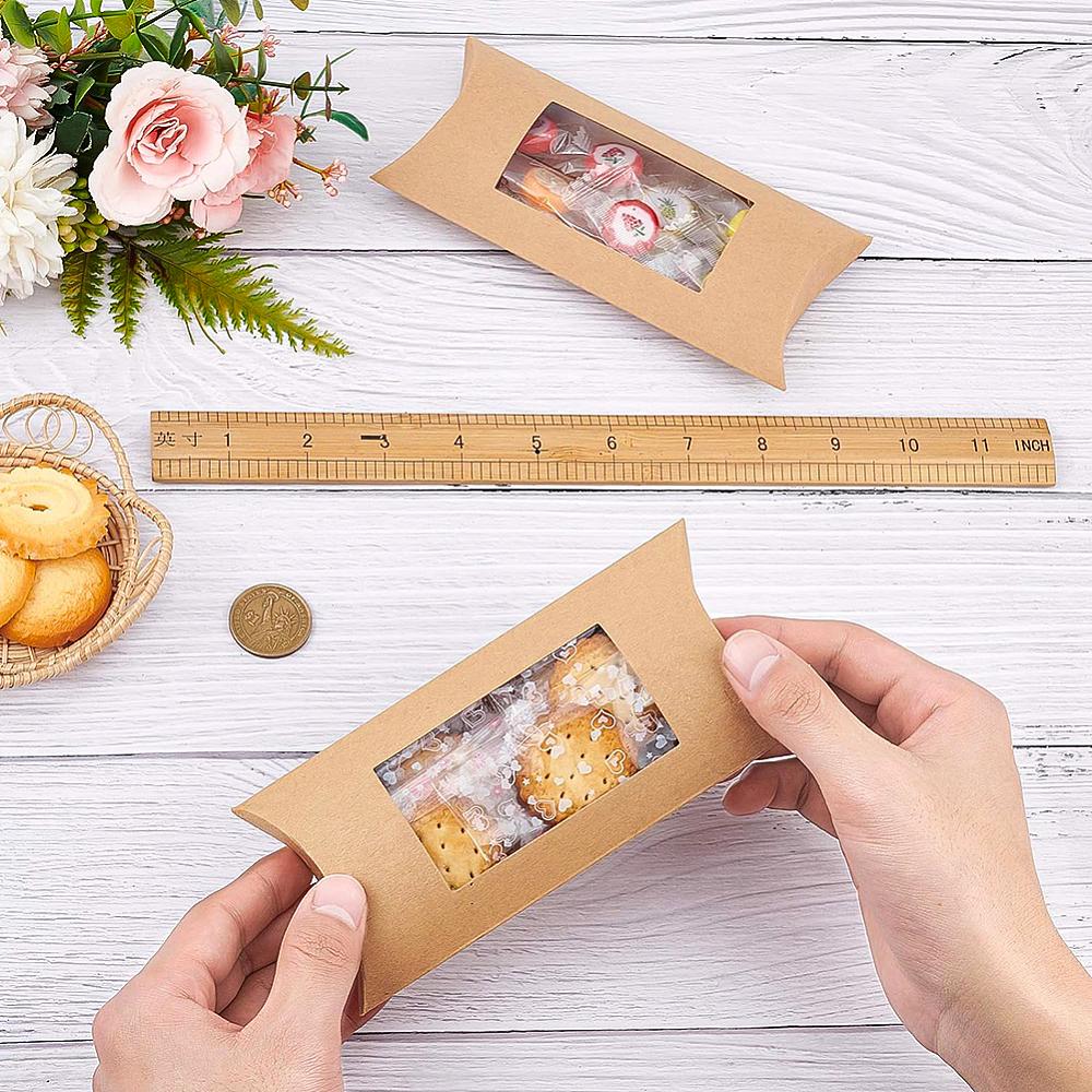 30pcs Kraft Paper Pillow Candy Box with Clear Window for Wedding Favors Baby Shower Birthday Party Supplies Sandy Brown 18.5x7.8x0.8cm