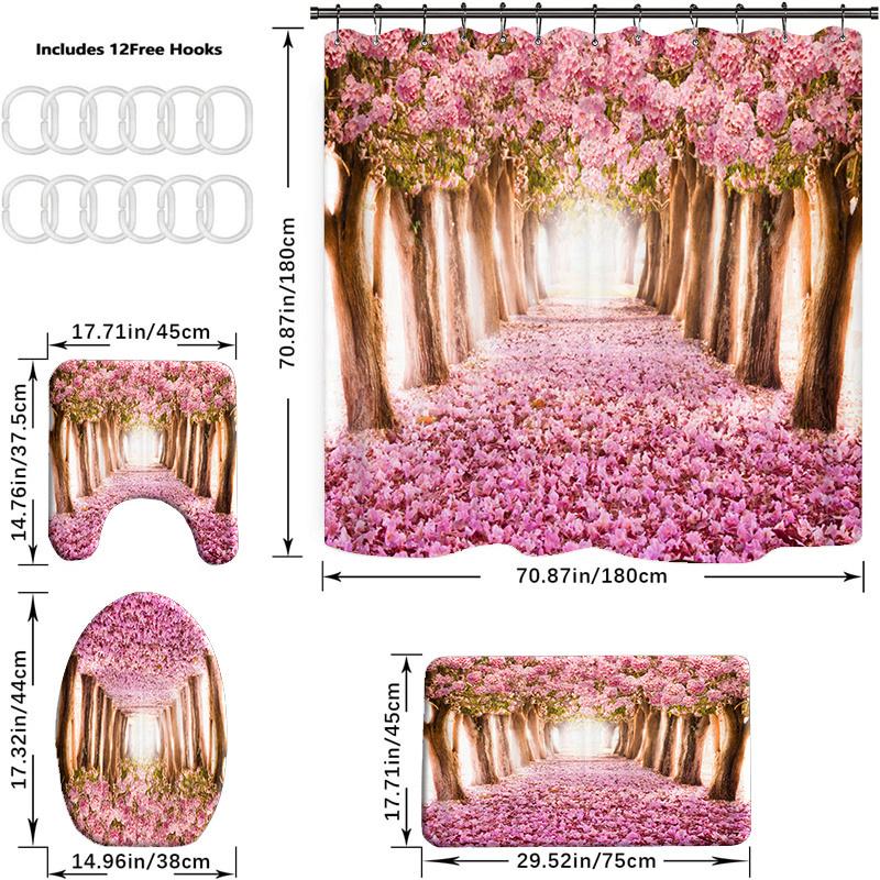 

4 шт., набор занавесок для душа с розовым цветком вишни, наборы для ванной комнаты, коврики с нескользящим ковриком для ванной, крышка унитаза и U-образный коврик 4Pcs