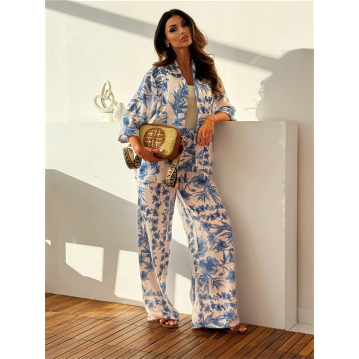 

Летний новый модный повседневный праздничный стиль брюки с длинным рукавом напечатанный костюм из двух предметов комплект M