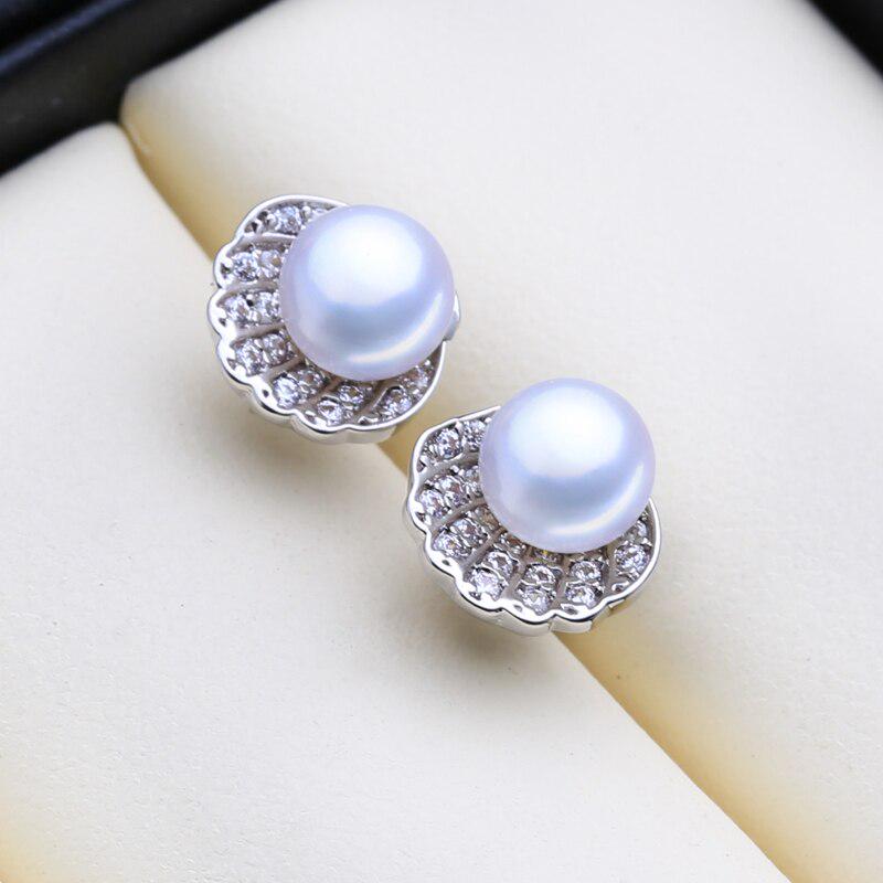 LSOOYH Natural Freshwater Pearl Earrings Women Cubic Zirconia Small Shell Design Earrings Pearl Jewelry