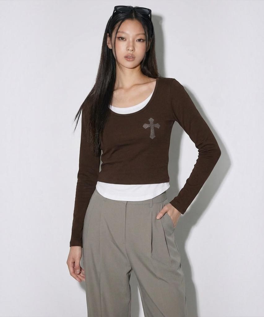 BORN SLIPPY Crystal Cross Layered Long Sleeve Tee (Brown)
