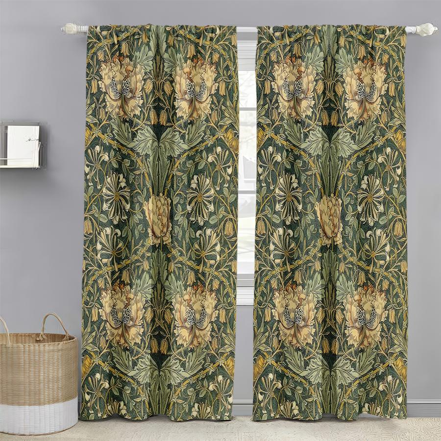 Set Of 2 Flat Curtains Polyester Material Green Field Printing Art Design Bedroom Home Decoration Curtain Perfect For Master