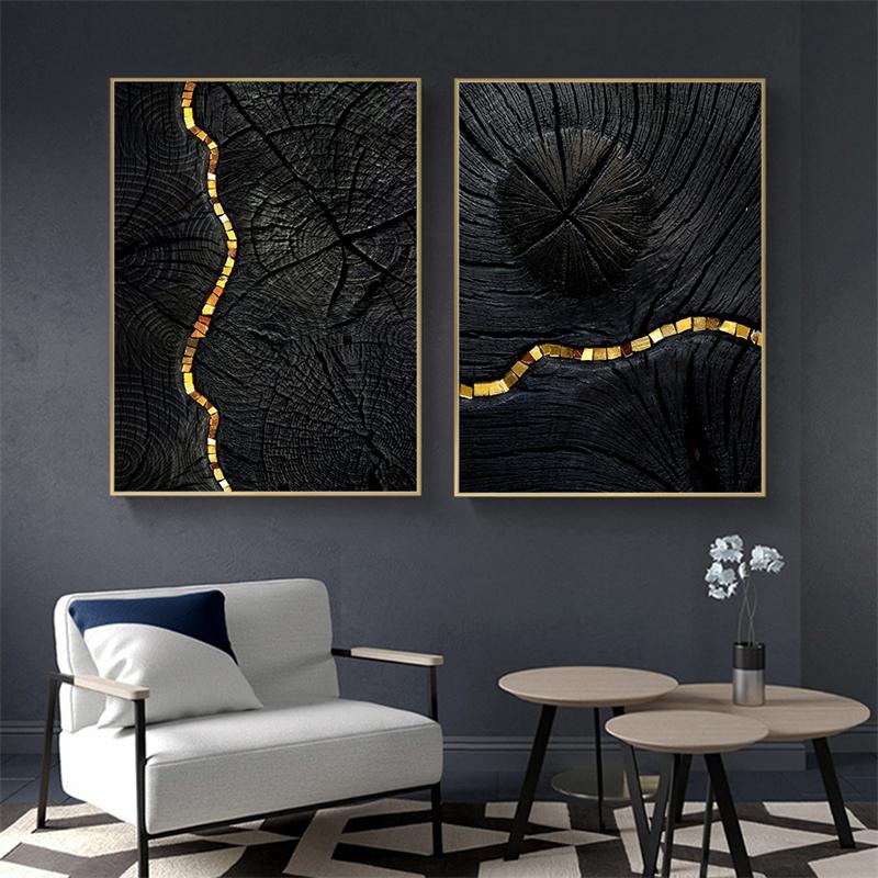 Canvas Painting Nordic Abstract Golden Black Annual Ring Poster and Print Wall Art Picture for Living Room Home Decoration No Frame