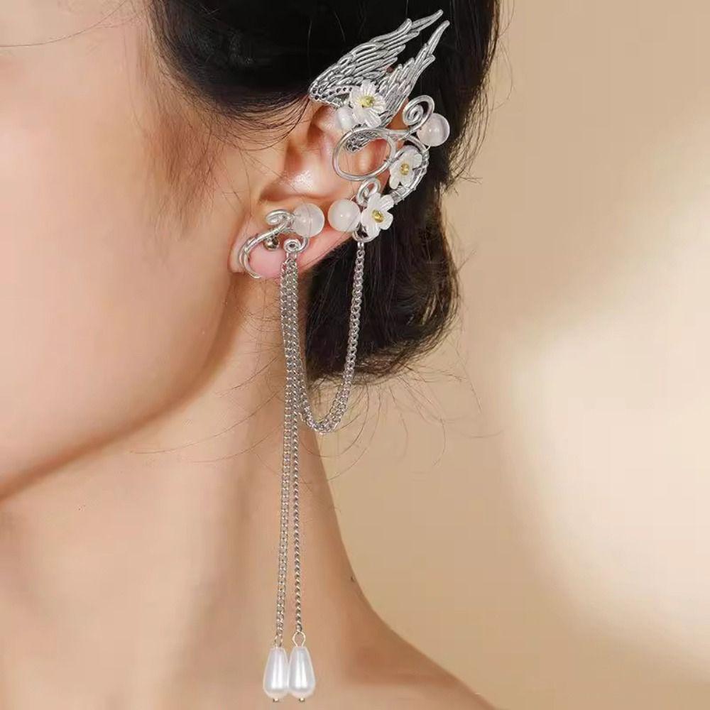 Left Ear Right Ear Zinc Zinc Alloy Elf Ear Clip Crystal Long Tassel Earrings Wings Ear Cuff Cosplay Jewelry
