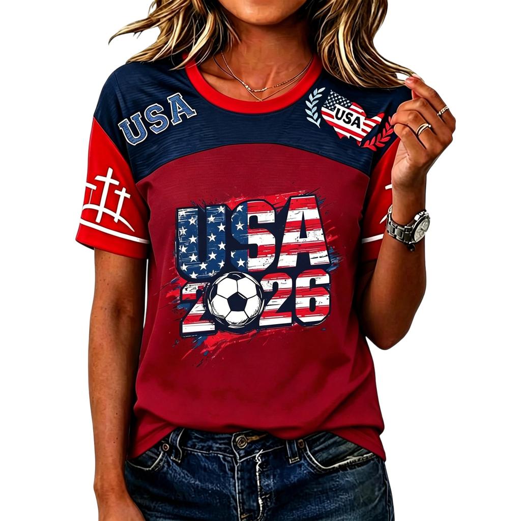 Women's Casual Short Sleeve Pullover Top Crew Neck Soccer Graphic Print Lightweight T-Shirt for Everyday Wear