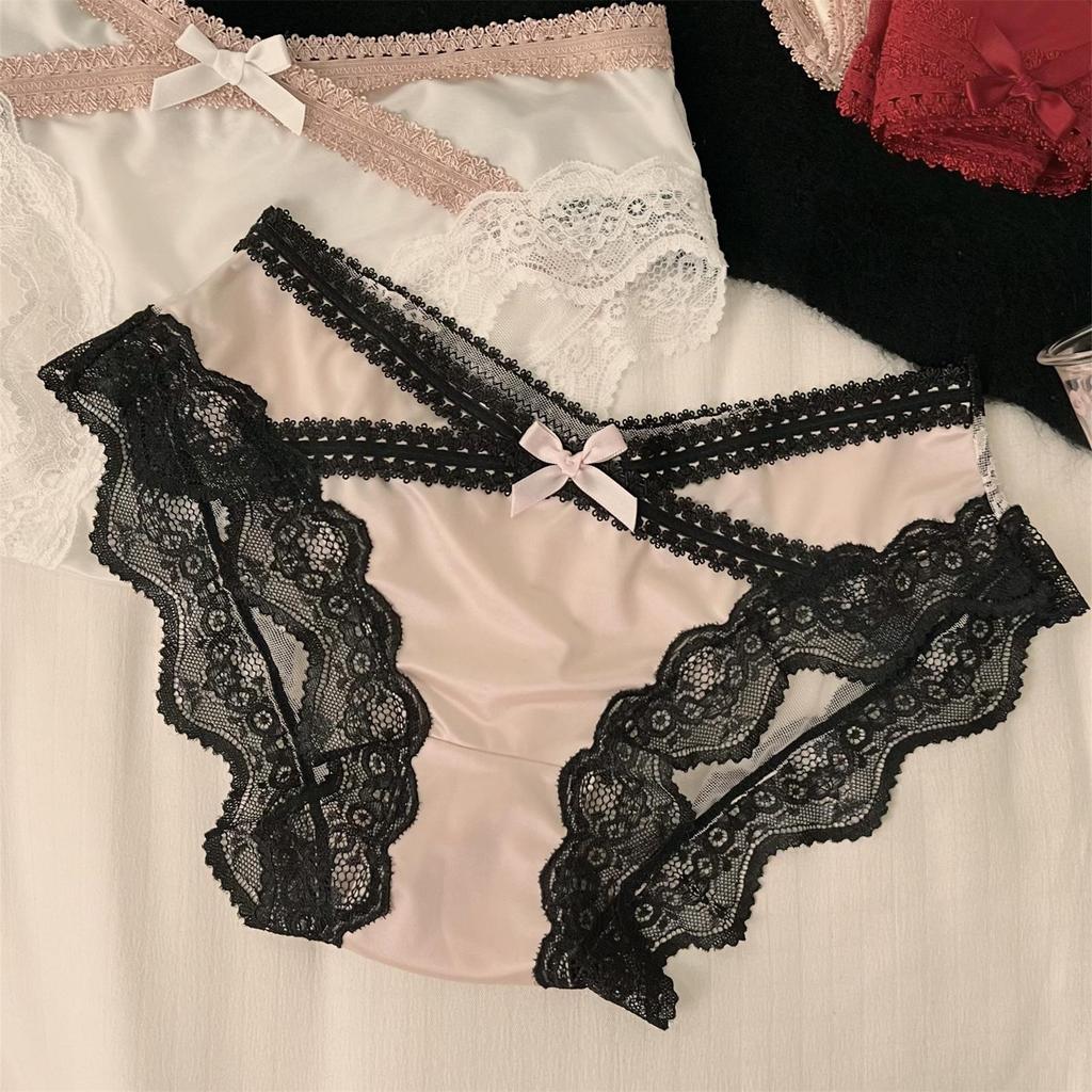 Jiao Wan Sheng Xiang Fransk Satinsnörning Mellanhöga Damtrosor: Andningsbara, Sexiga, Trosor med gren i ren bomull