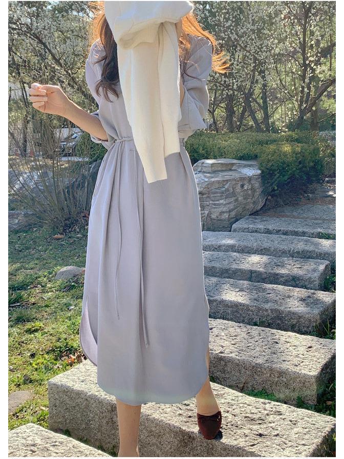 Korean Minimalist Tie-Waist A-Line Shirt Dress for Women