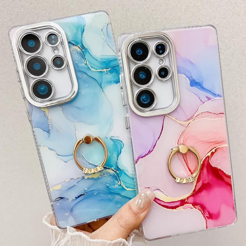 Suitable for Samsung S25ultra Phone Case IMD Electroplated Marble Patterned S24plus Ring Stand A56