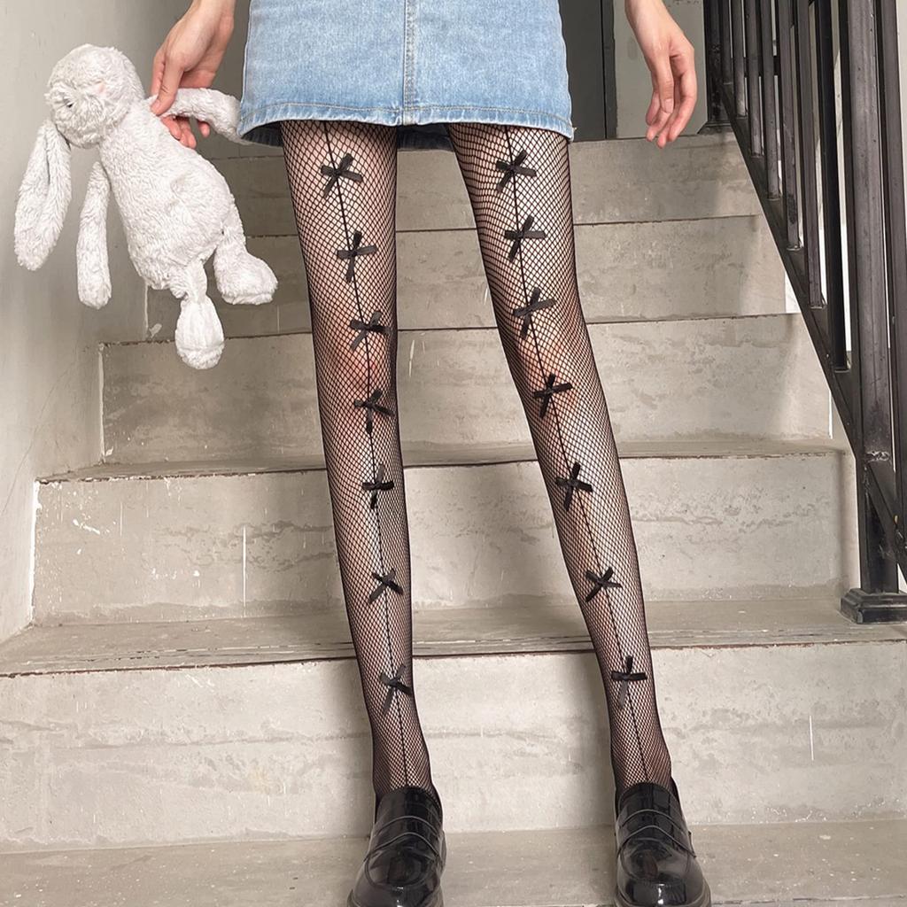 Fishnet Tights with Bow Pattern Seam Design Stretchy Sheer Pantyhose for Women Elastic Mesh Legwear Full Length Hosiery