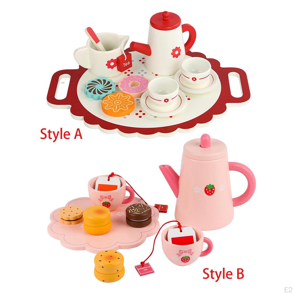 Wooden Cake Stand and Cakes Toy Kitchen Playset with Accessories Tea Set