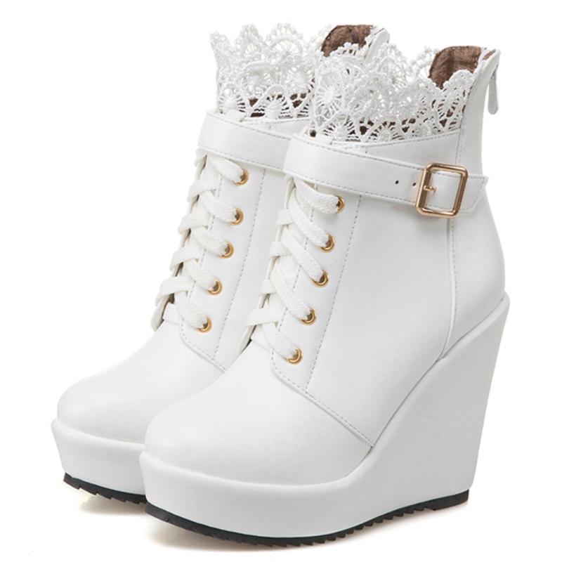 Klínové boty Kotníkové boty pro ženy Platforma Zimní Podzimní Šněrovací Černé Bílé Dámské Krátké Boty Klínové boty Dámské
