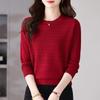 Women's Early Autumn Pink Cutout Knitwear: Gentle Style, Loose Fit, Slimming, Round Neck, Long Sleeve Top.