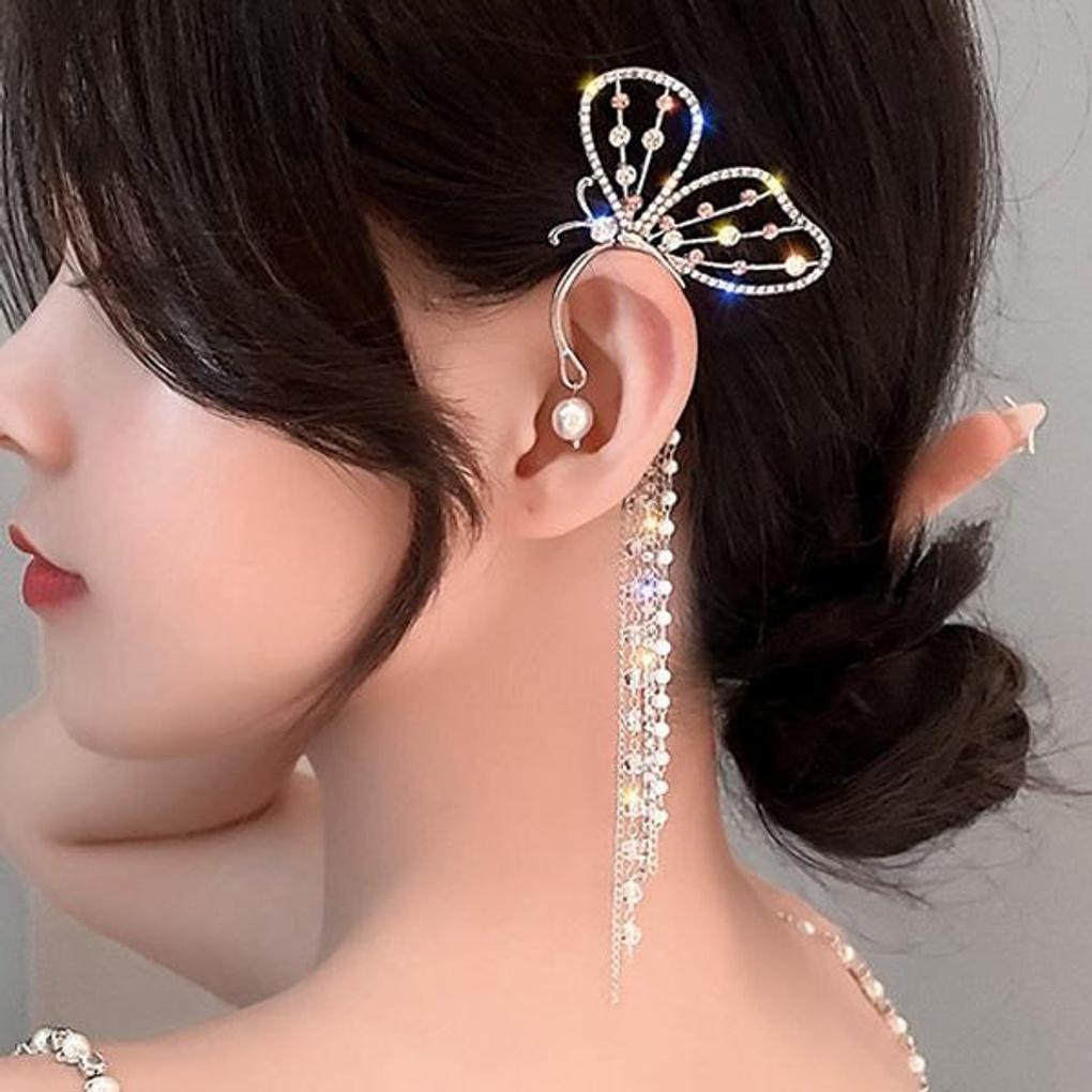 Women's Point Cubic Butterfly Long Tassel Ear Cuff