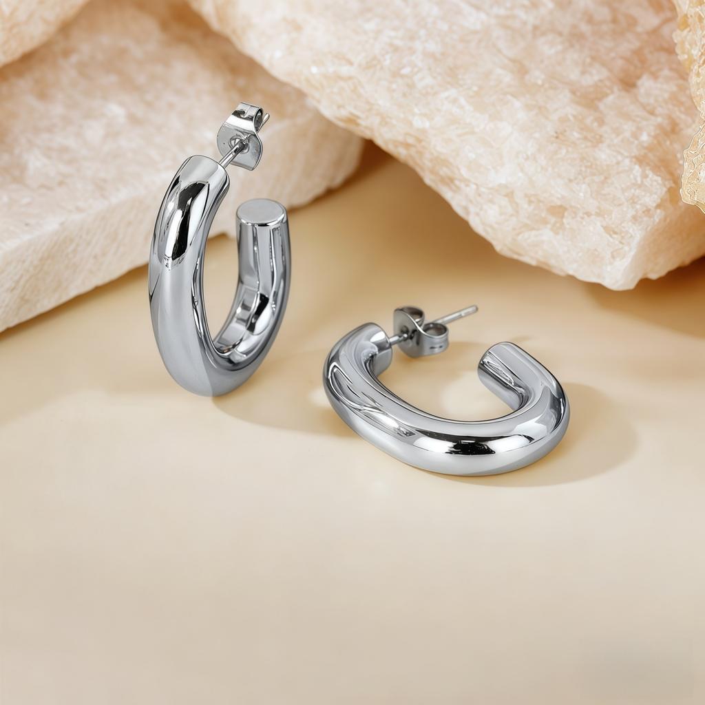 1 Pair Stylish Exquisite Circular Geometric 304 Stainless Steel C Shaped Hoop Earrings For Women Men Jewelry Gift