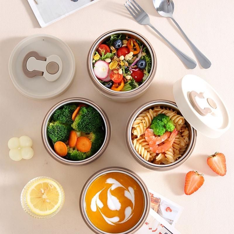 Portable Soup Container with Silicone Sealing Rings, Buckle Lid, and Fold-Down Handle, Leak Proof Hot Food Jar for Outdoor Picnics, Camping, School