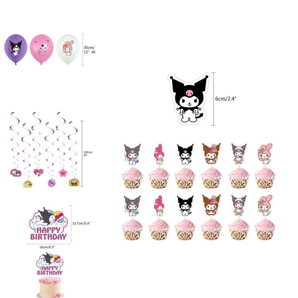 Kuromi Themed Birthday Party Decor Supplies Set With Flag Cake Spiral Balloon And Bright Colorful Toppers