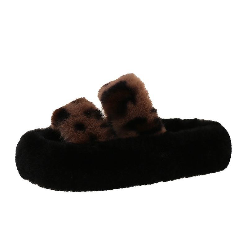 

Autumn and winter new leopard print plush cotton slippers wear one-word thick-soled slippers home fluffy slippers women 41 хаки
