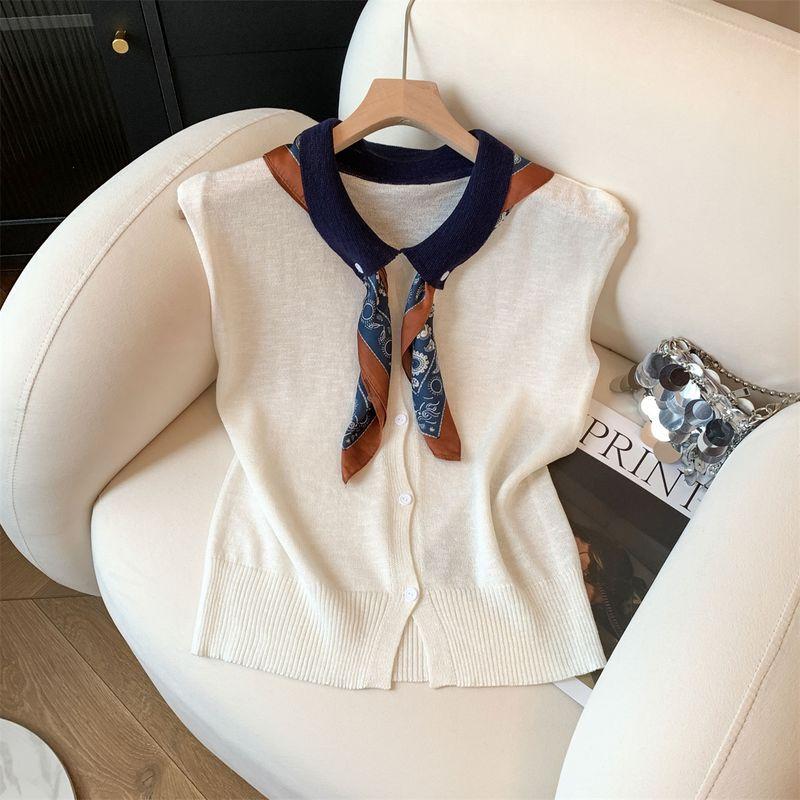 

Counter Withdrawal Cut Label Polo Collar with Silk Scarf Sleeveless Knitwear Women s Summer New Arrival Chic Figure Flattering Fashionable Top White L