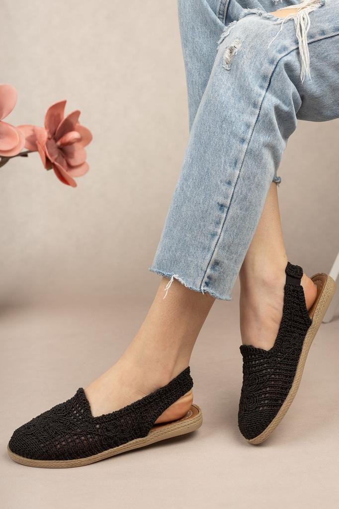 Women's Flat Shoes Open Back Braided Black Ballerina Ballet