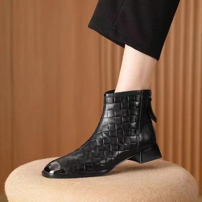 Fashion Women's Thick Heel Short Boots 2024 Spring/Autumn/Winter New Retro Mid Heel Boots Back Zipper Checkered Leather Boots