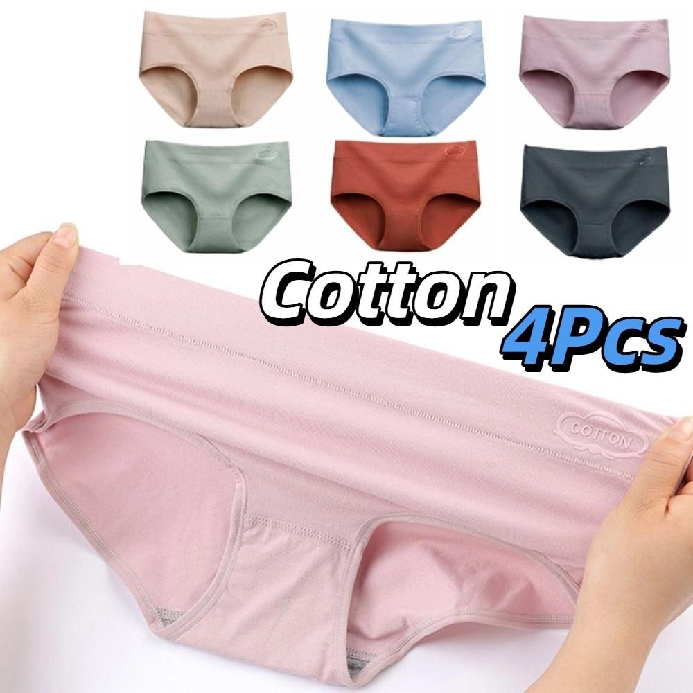 4pcs Solid Color Women Underwear Lingerie Mid Waist Briefs Breathable Cotton Panties Lady